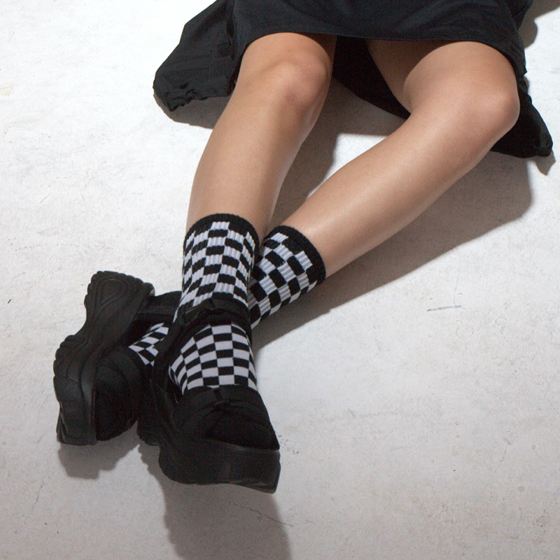 black and white checker pattern comfort crew socks